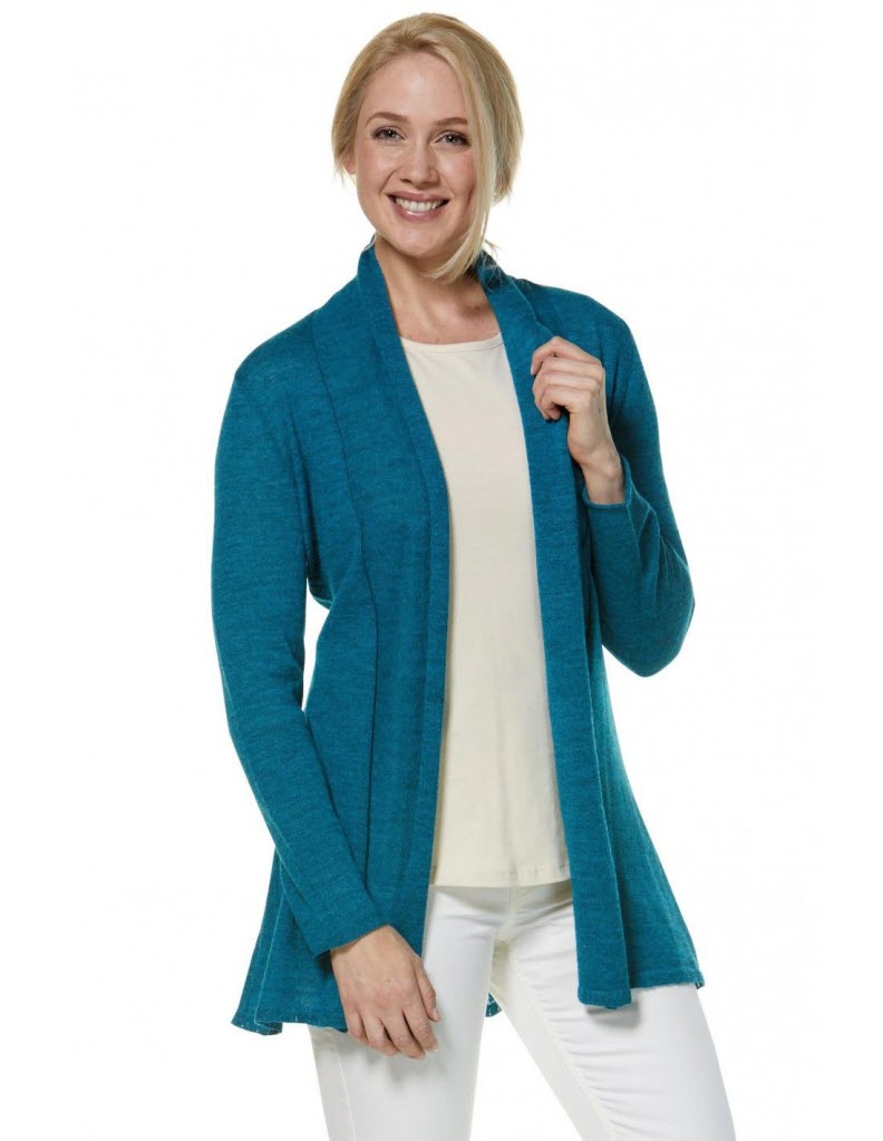 Apu Kuntur Long-Strickjacke PENELOPE mit Schalkragen türkis